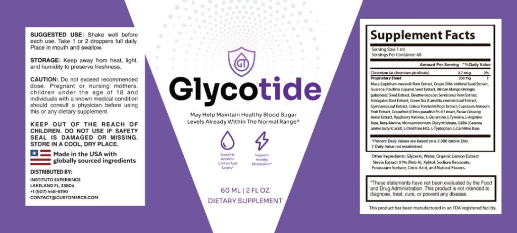 Glycotide supplement facts label showing 22 plant extracts, chromium picolinate, amino acids, and full ingredient list
